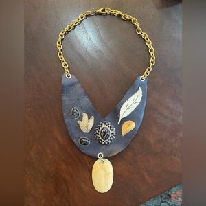 One Of A Kind Blue Leather Necklace  With Cameo & Beaded Leaves. Handmade By Me!